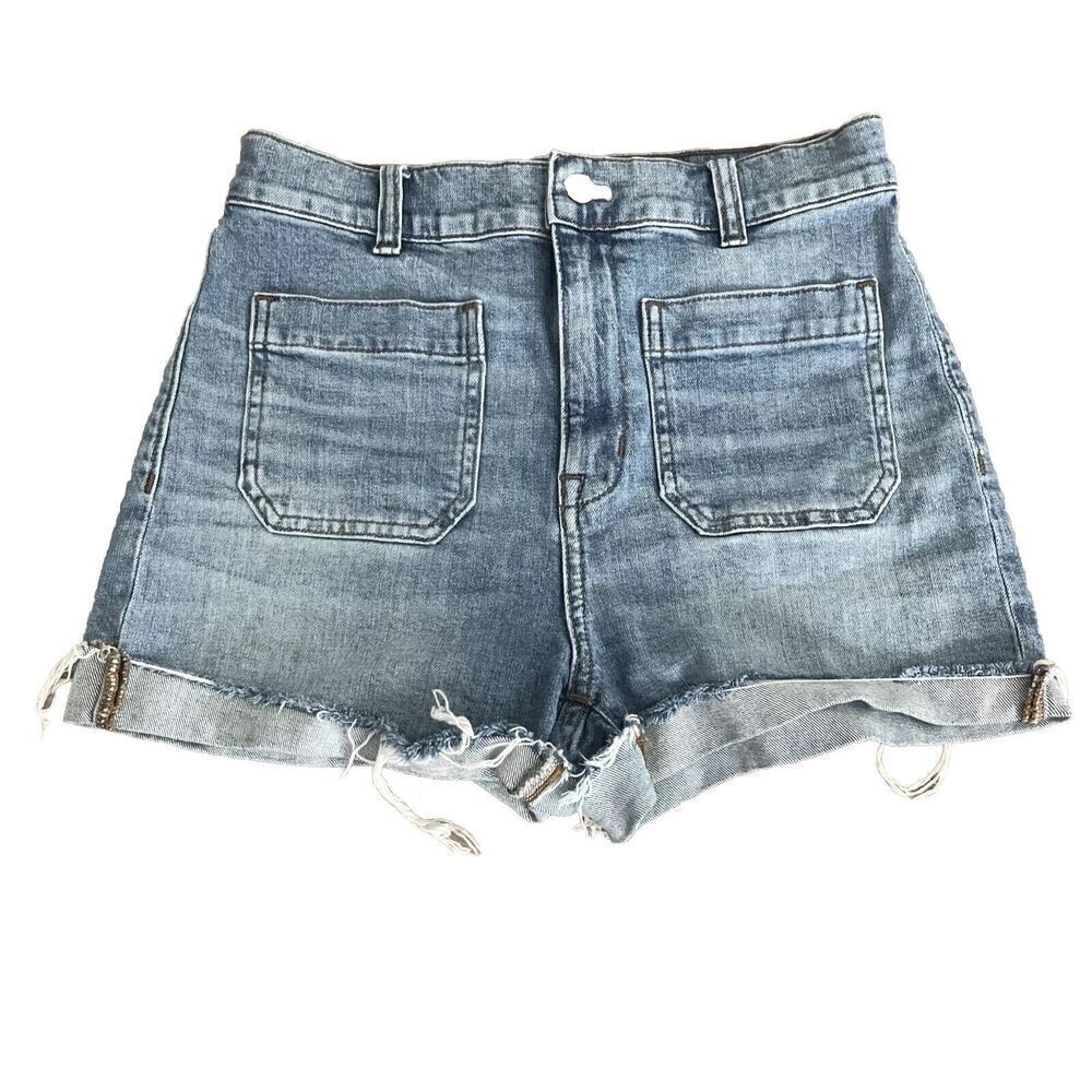 Madewell High Rise Denim Shorts Size 27 Patch Pocket Fray Hem Cutoff Medium wash